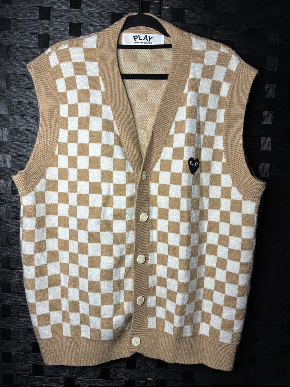 Comme des Garçons PLAY Beige & White Checker Knit Vest
